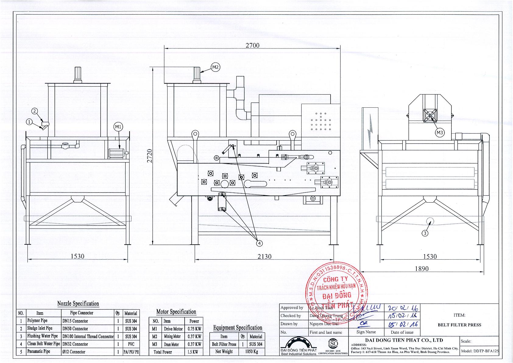 Bản vẽ máy ép bùn băng tải model 1250