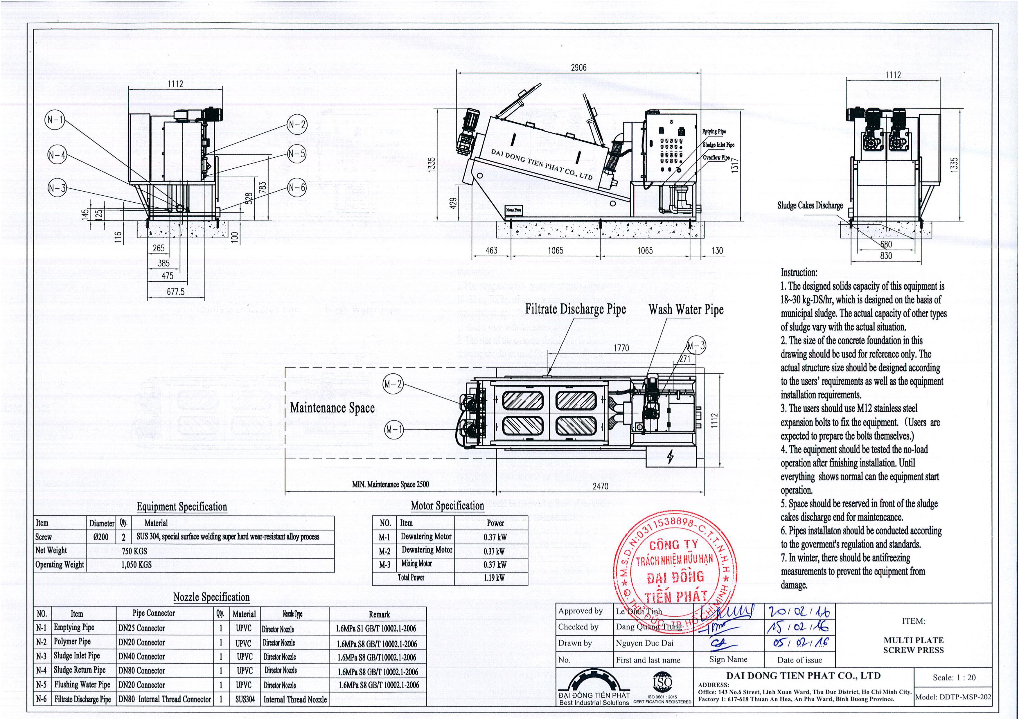 Bản vẽ máy ép bùn trục vít model 202