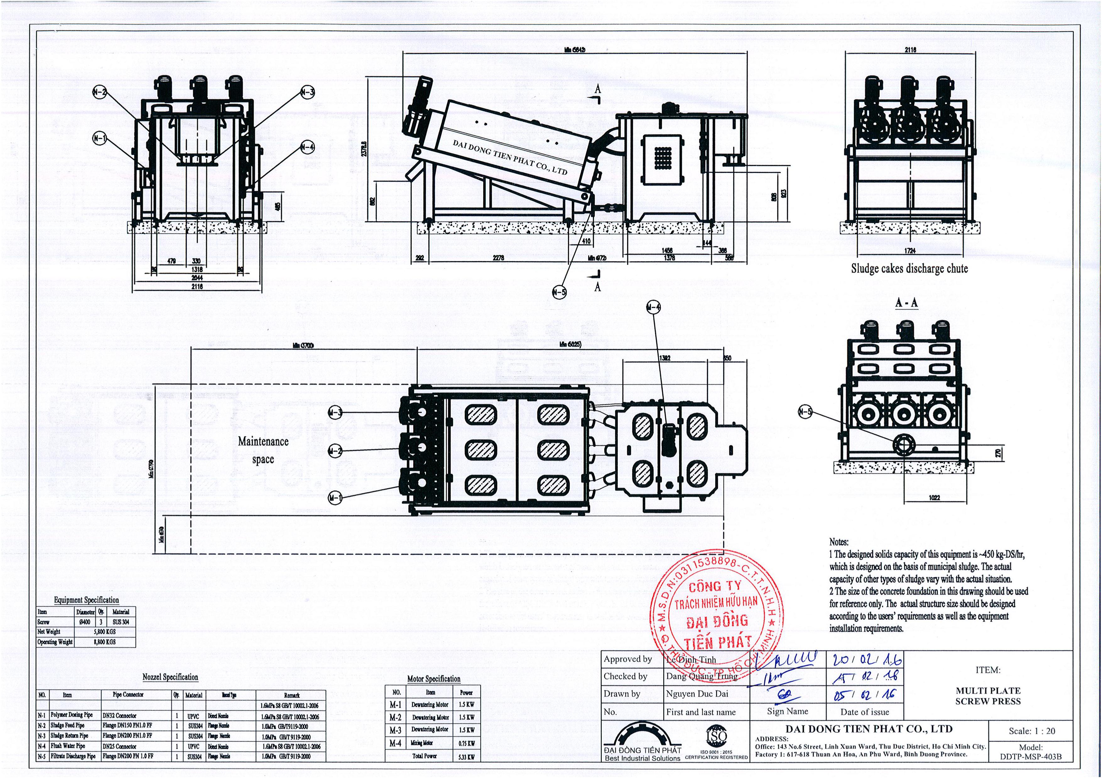 Bản vẽ máy ép bùn trục vít đa đĩa công suất 270~450 kg-DS/hr